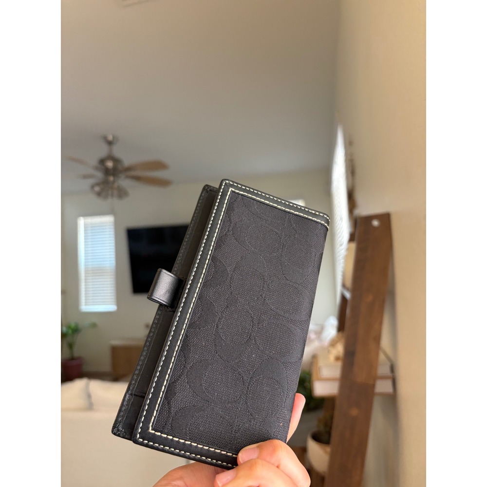 Coach Signature Black Jacquard Leather Checkbook Cover Wallet Monogram - Picture 2 of 4